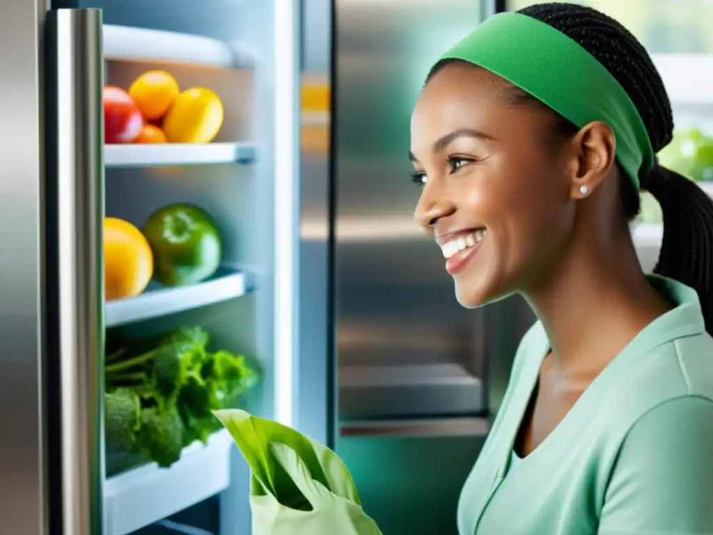 Mantenimiento de electrodomésticos sostenible: Persona sonriente limpia un refrigerador ecoamigable con productos sostenibles