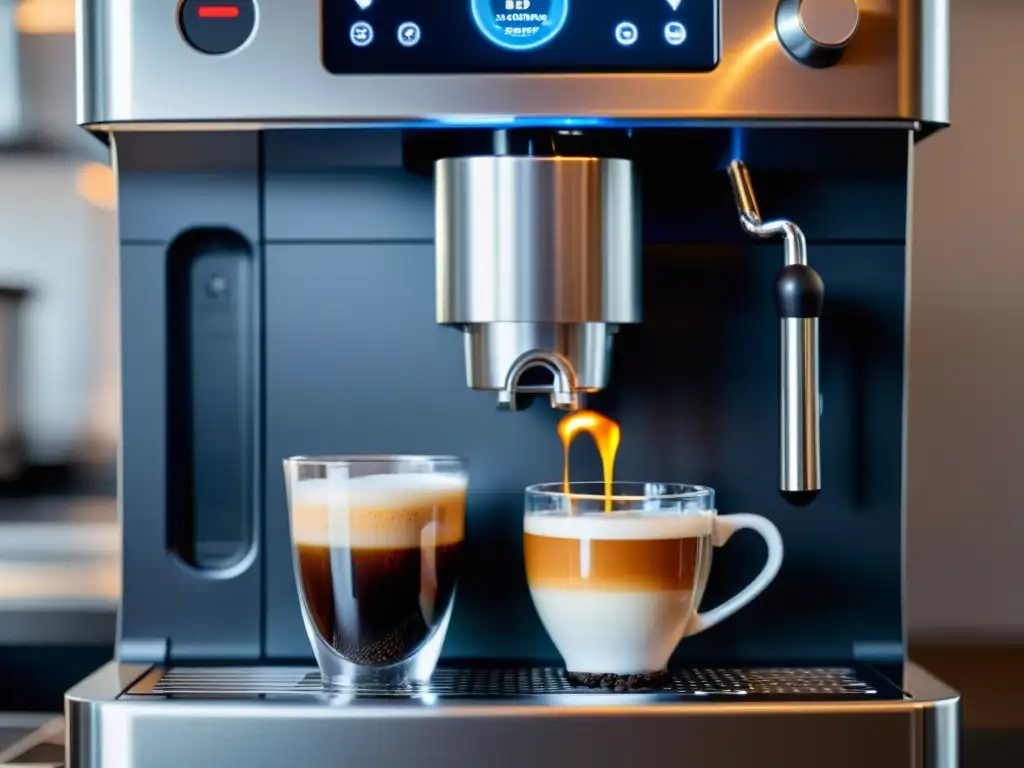 Una máquina de café en cápsulas de alta tecnología en acción, resaltando su precisión y calidad en el proceso de preparación del café