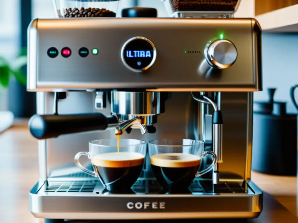 Una máquina de café ecoamigable llena una taza con vapor aromático, en una cocina minimalista y acogedora