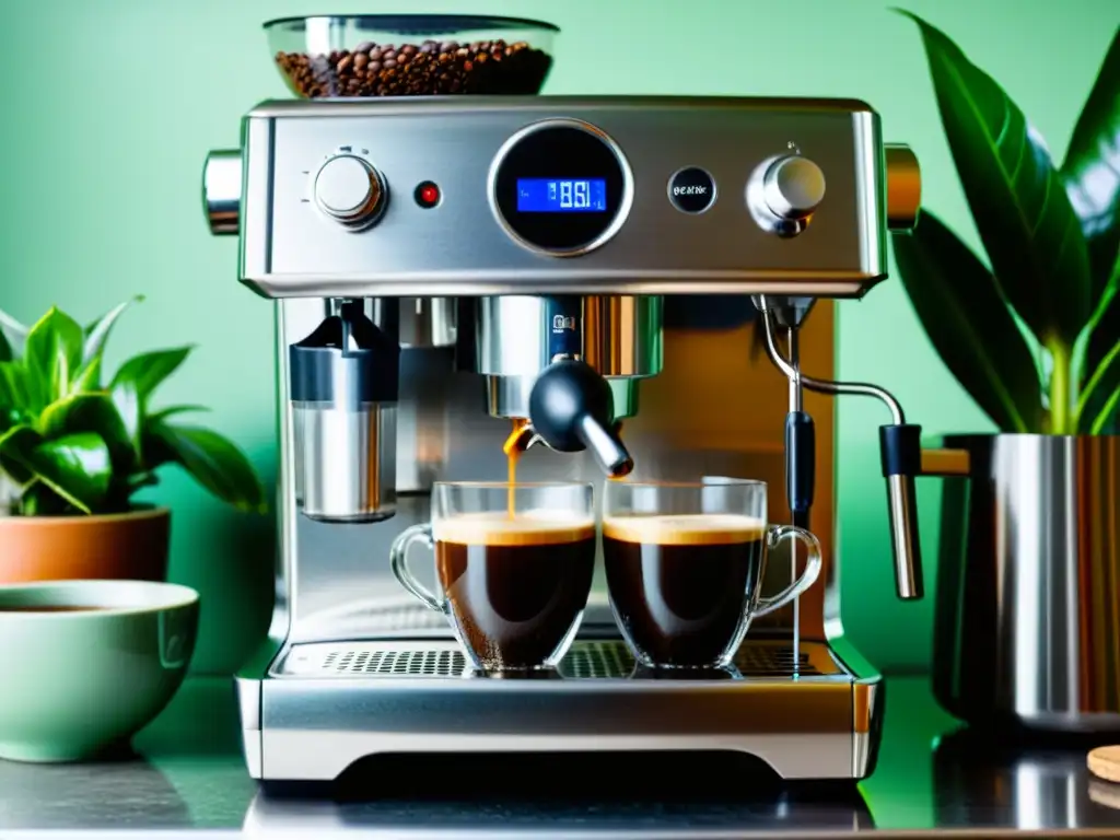 Una máquina de café ecoamigable moderna y elegante rodeada de plantas verdes y tazas artesanales, con vapor de café aromático en el aire