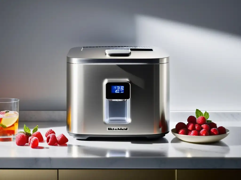 Una máquina de hielo KitchenAid moderna y elegante en un entorno fresco y lujoso con frutas vibrantes