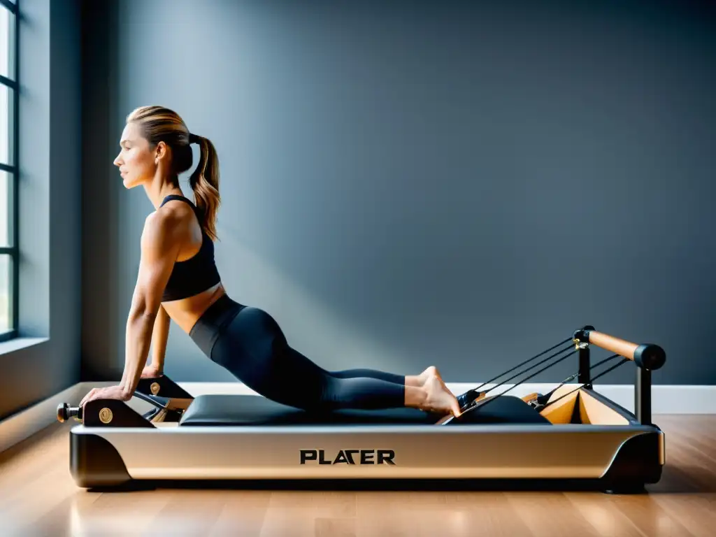 Una máquina moderna de Pilates con diseño elegante y tecnología inteligente en un estudio luminoso