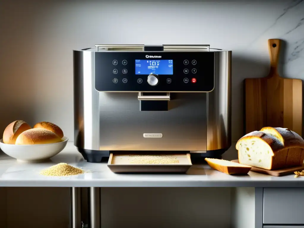 Una máquina de hacer pan casero con pan recién horneado en una cocina luminosa y acogedora