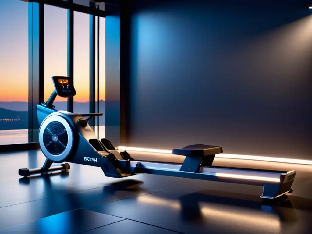 Una máquina de remo inteligente avanzada en un gimnasio futurista con iluminación ambiental, destacando su diseño ergonómico y tecnología integrada