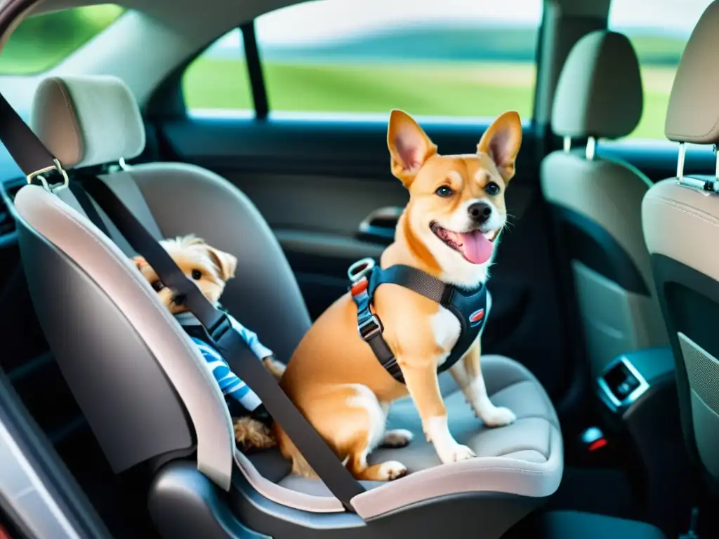 Niño y mascota seguros en auto, destacando la fiabilidad de los sistemas de seguridad para niños y mascotas en vehículos