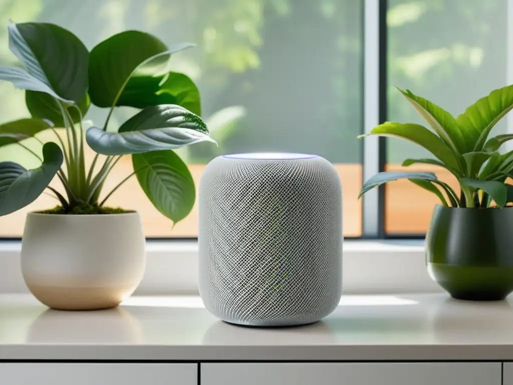 El mejor altavoz inteligente para hogar, Apple HomePod, en un ambiente sereno y acogedor con plantas verdes y luz natural