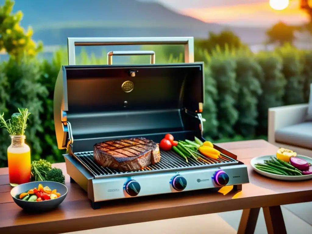 Mejor grill para asados en casa: Una parrilla eléctrica moderna con marcaje de parrilla, steak y verduras a la parrilla, en un patio al atardecer