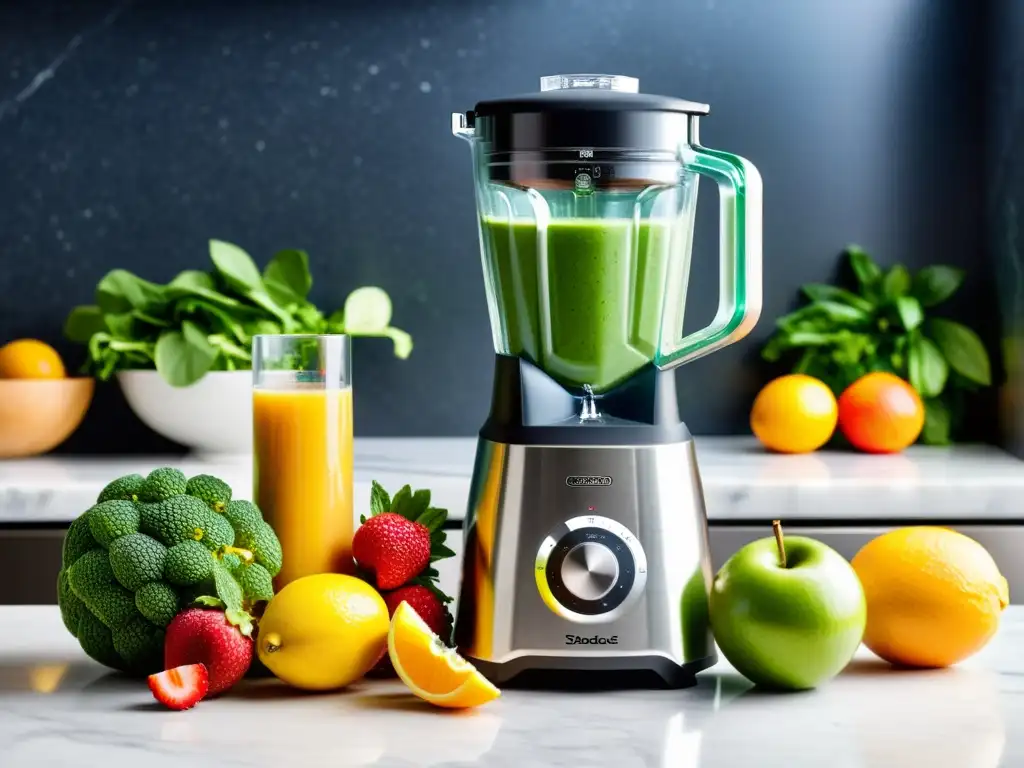 Batidora de acero inoxidable con frutas frescas en mármol Mejor batidora de vaso para smoothies: una escena moderna con una batidora de acero inoxidable rodeada de frutas frescas y verduras