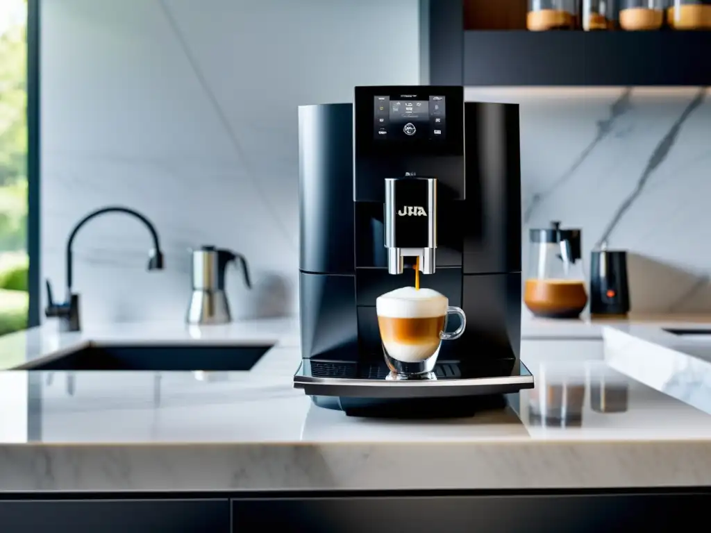 La mejor cafetera automática para casa: Jura Z8 en elegante negro y cromo, preparando café de lujo en una cocina impecable