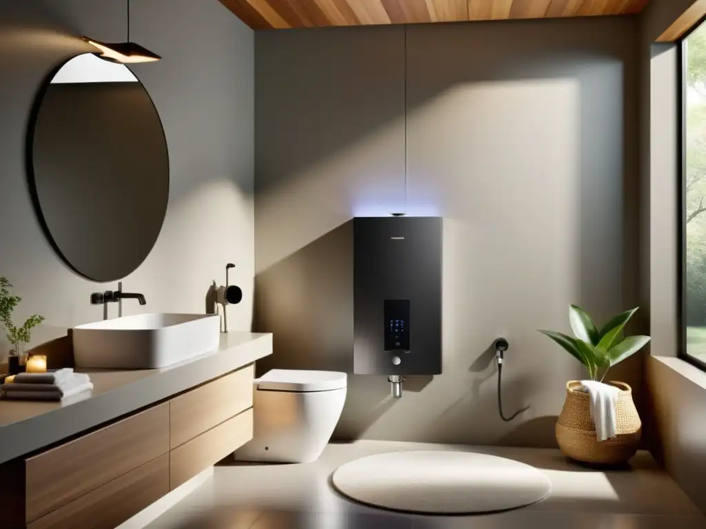 El mejor calentador de agua para hogar en un baño moderno y elegante, destacando su diseño compacto y tecnología avanzada