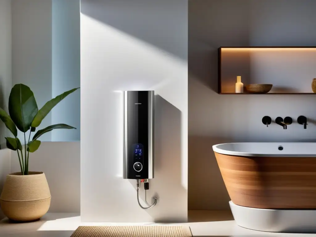 Mejor calentador de agua para hogar: Moderno calentador sin tanque con display digital en elegante baño minimalista, bañera y luz cálida