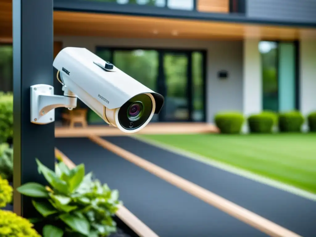 Mejor resolución cámara vigilancia hogar: moderno sistema de seguridad para casa con cámara 4K integrada en fachada contemporánea