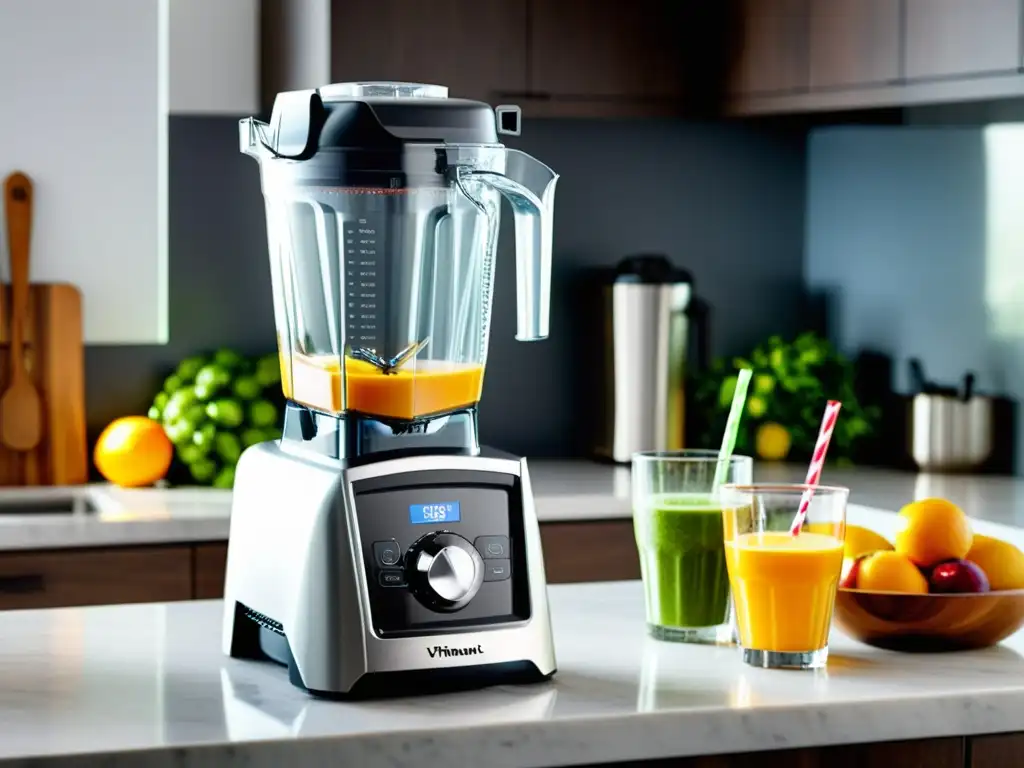 La mejor licuadora para batidos, Vitamix A3500 Ascent Series, destaca en una cocina moderna y luminosa, con un batido de frutas recién hecho