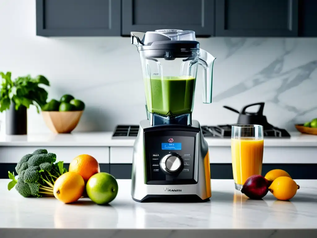 La mejor licuadora para batidos, Vitamix A3500 Ascent Series, destaca en una cocina profesional con frutas frescas y verduras