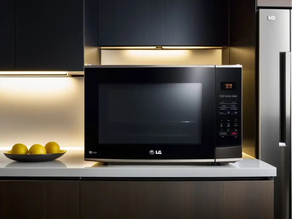 El mejor microondas con grill LG: moderno diseño en vidrio negro con interior iluminado y panel de control destacado por su suave iluminación LED