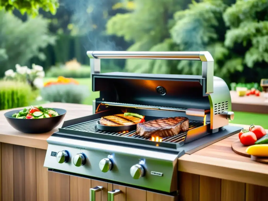 La mejor parrilla eléctrica sabor barbacoa en un patio moderno con vegetación exuberante y luz brillante