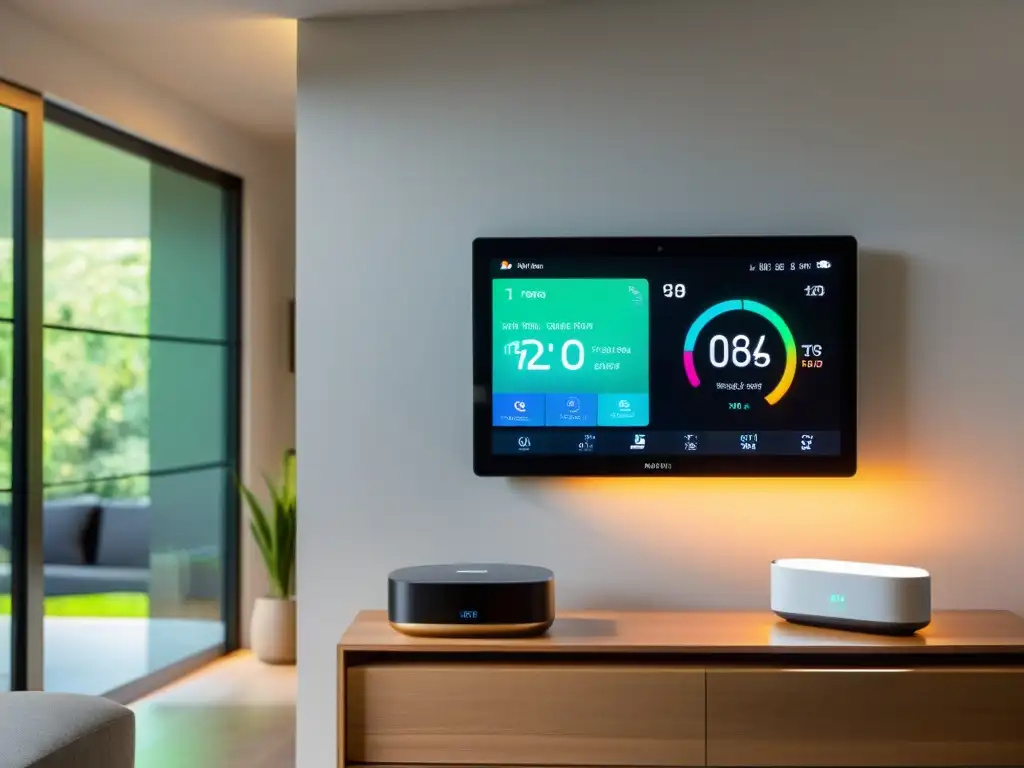 Mejor plataforma de conectividad hogar: moderna configuración smart home con pantalla táctil, dispositivos IoT integrados y ambiente acogedor