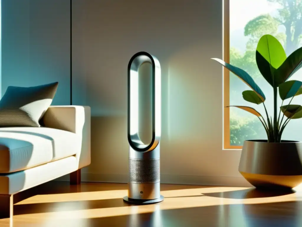 Mejor purificador aire Dyson en moderno ambiente soleado con diseño minimalista y tecnología avanzada, creando atmósfera cálida