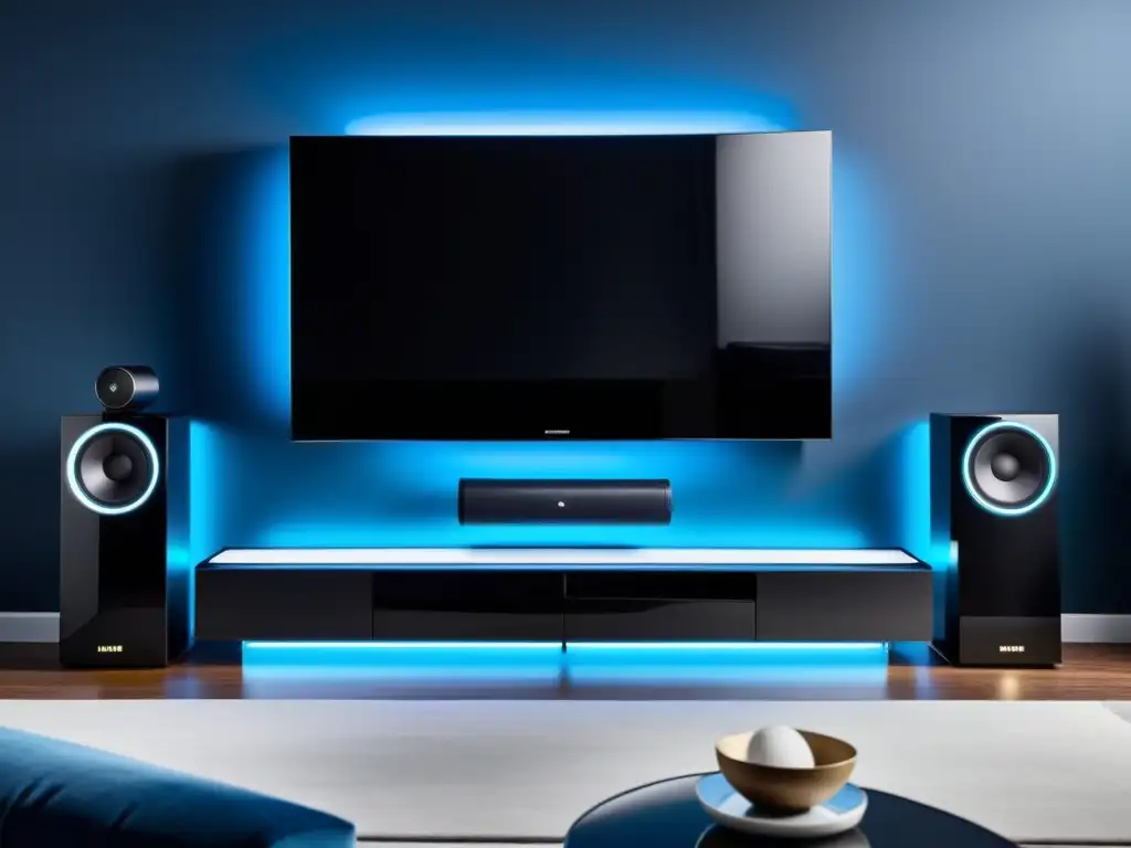 Mejor sistema de sonido para hogar en sala contemporánea con diseño moderno y elegante, altavoces inalámbricos y subwoofer, iluminación ambiental azul