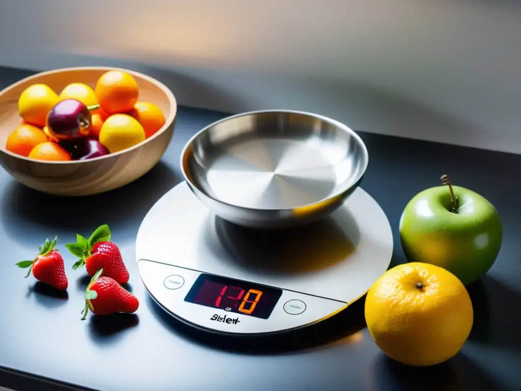 Una de las mejores básculas de cocina digitales con diseño moderno y precisión, mostrando frutas frescas en una cocina minimalista