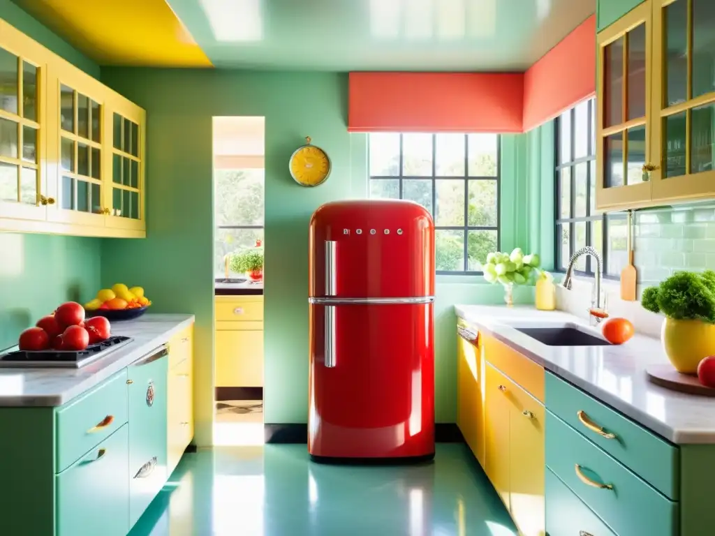 Mejores electrodomésticos retro para cocinas: Cocina moderna con electrodomésticos vintage en tonos pastel y una nevera roja retro