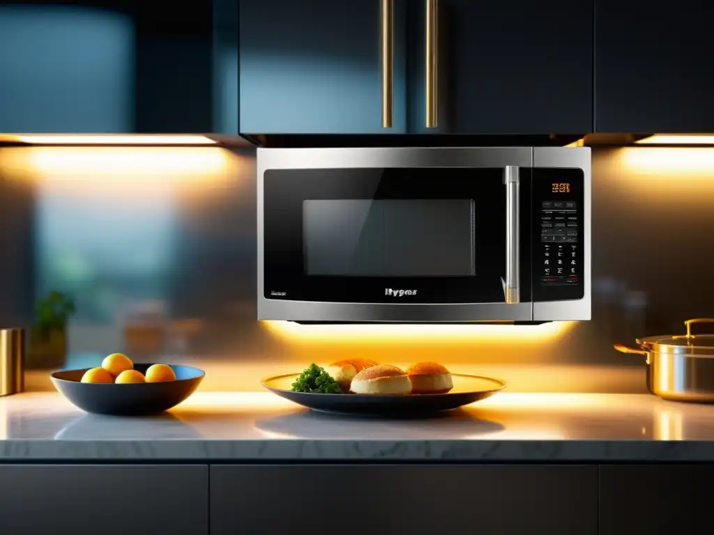 Un microondas de acero inoxidable con tecnología inverter, iluminando una elegante cocina con encimera de granito y utensilios colgantes