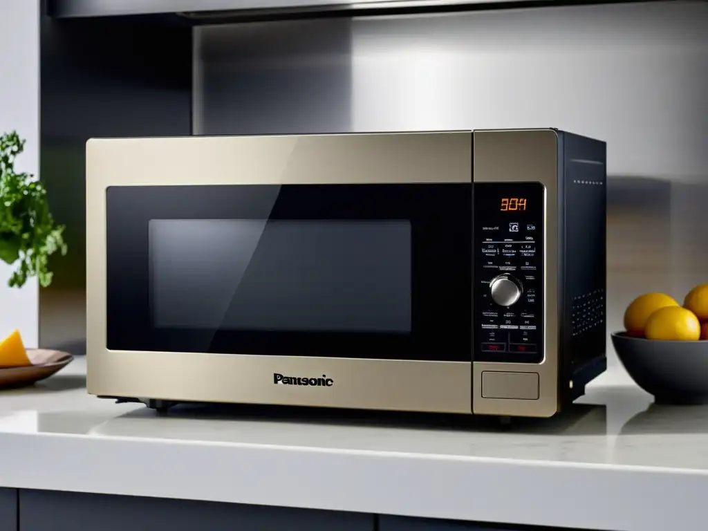 Microondas con grill Panasonic NNDF386BZPE en cocina moderna con elegante decoración minimalista y luz natural cálida