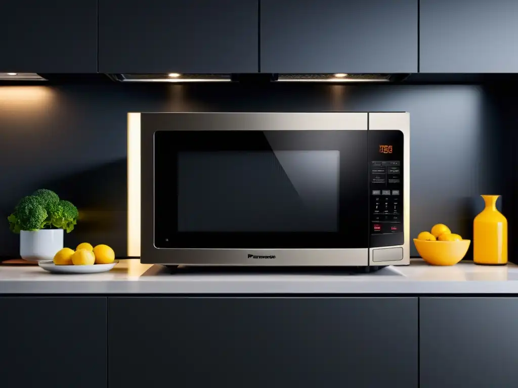 Un microondas con grill Panasonic NNDF386BZPE en una cocina moderna y elegante, iluminada con luz natural