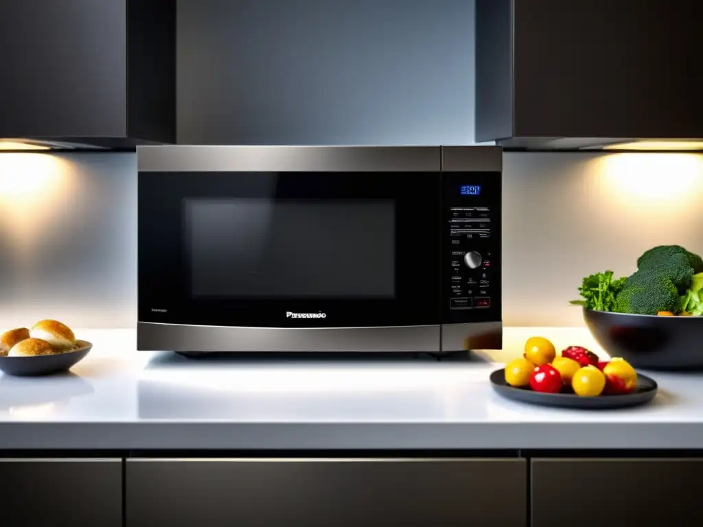 Microondas con grill Panasonic NNDF386BZPE en cocina moderna, minimalista y acogedora, con luz natural