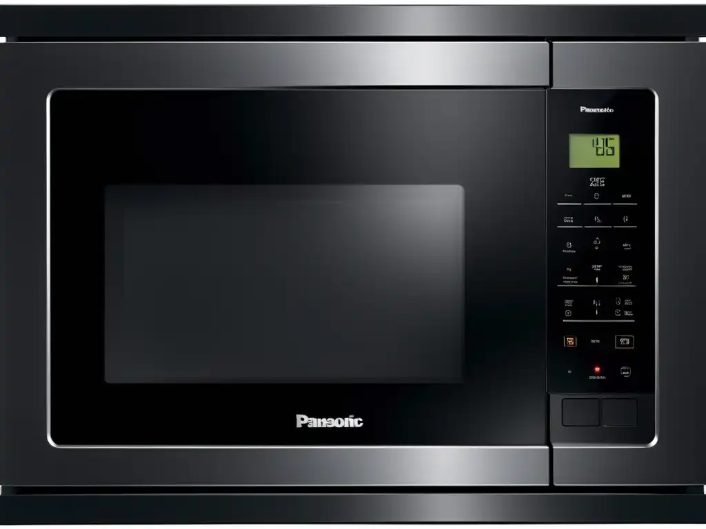 Un microondas con grill Panasonic NNDF386BZPE de diseño moderno en acero inoxidable negro, con una suave iluminación resaltando sus elegantes detalles