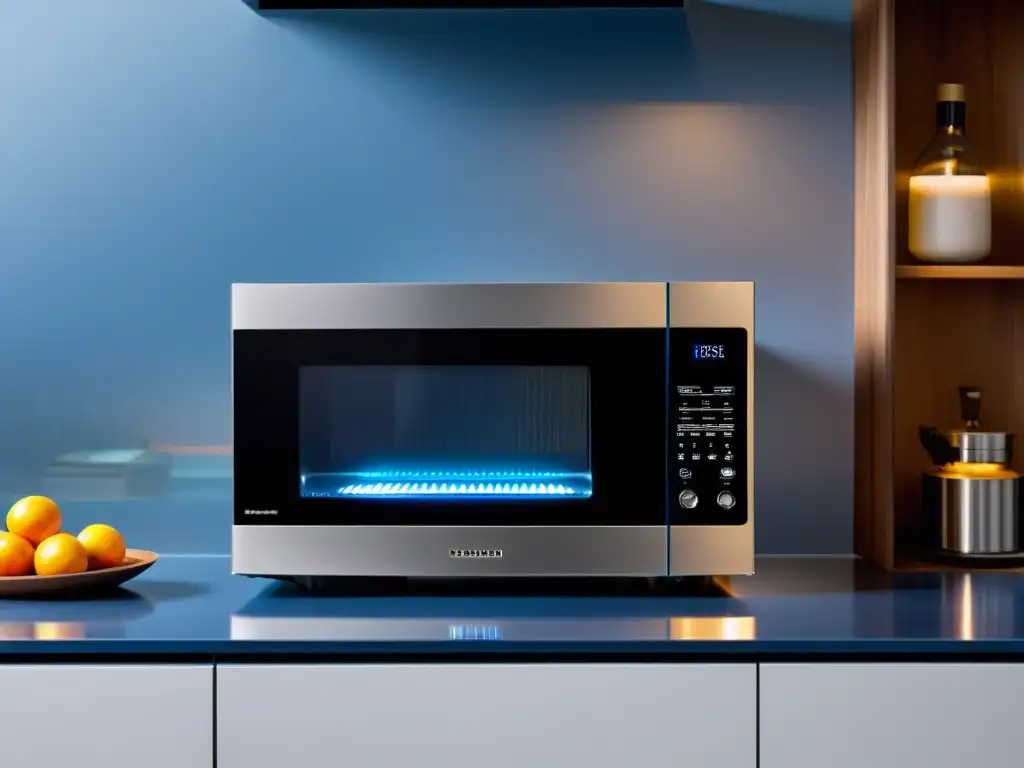 Microondas futurista con luces LED azules, acabado metálico y controles táctiles, reflejando la evolución del microondas en cocina