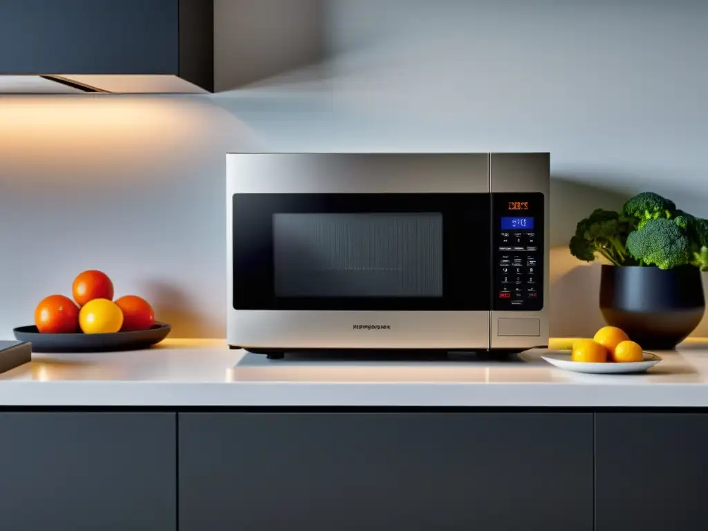 Un microondas moderno y accesible para discapacidad visual en una cocina contemporánea