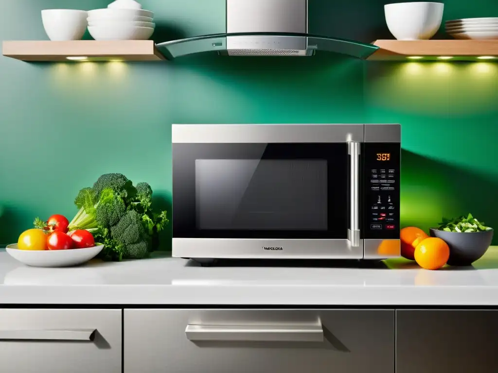 Un microondas moderno de acero inoxidable con pantalla digital, controles táctiles y puerta de vidrio transparente en una cocina minimalista