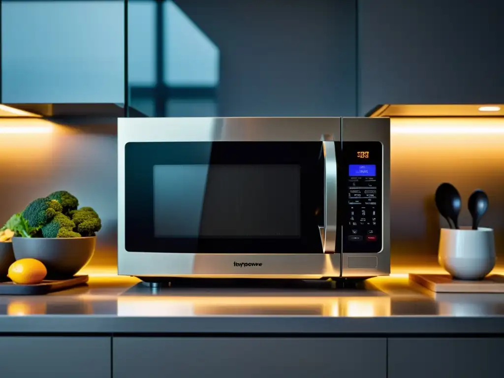 Un microondas moderno y elegante iluminado desde adentro, en una cocina minimalista impecable