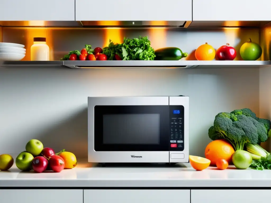 Un microondas moderno en una encimera blanca, con frutas y verduras frescas, emitiendo una luz cálida