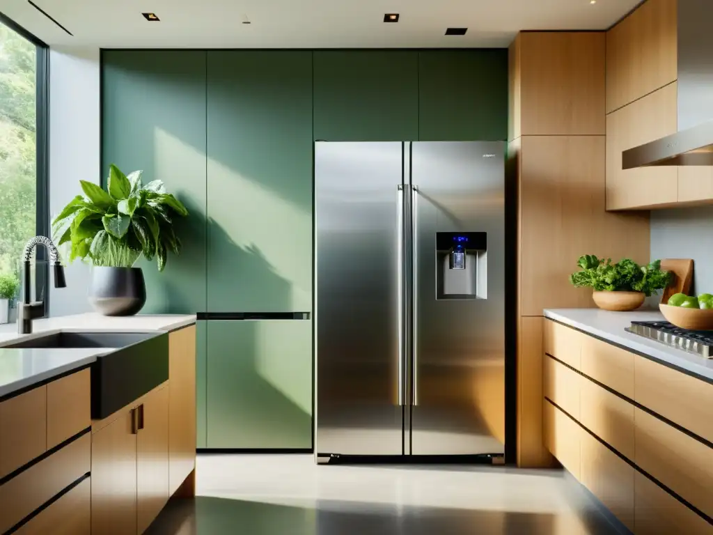 Minimalista cocina con refrigerador energéticamente eficiente y plantas verdes, simbolizando sostenibilidad y eco-amigabilidad