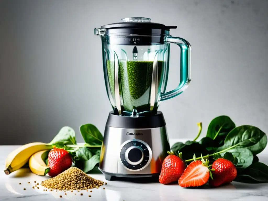 Batidora de vidrio moderna con ingredientes frescos Una moderna batidora de vaso llena de ingredientes frescos y coloridos, con un diseño elegante en una cocina blanca