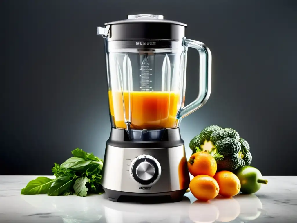 Batidora de vidrio con frutas y verduras frescas Una moderna batidora de vaso llena de frutas y verduras vibrantes, bañada en luz suave, listo para preparar deliciosos smoothies