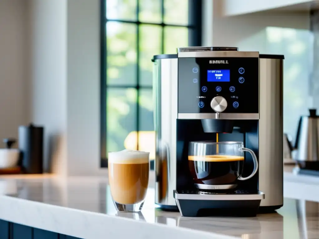 Una moderna cafetera automática en un elegante entorno blanco, bañada por la suave luz de la mañana