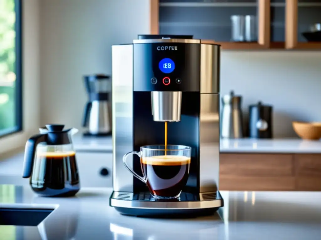 Una moderna cafetera con filtros avanzados y elegante diseño en una cocina minimalista, con una taza de café recién hecho