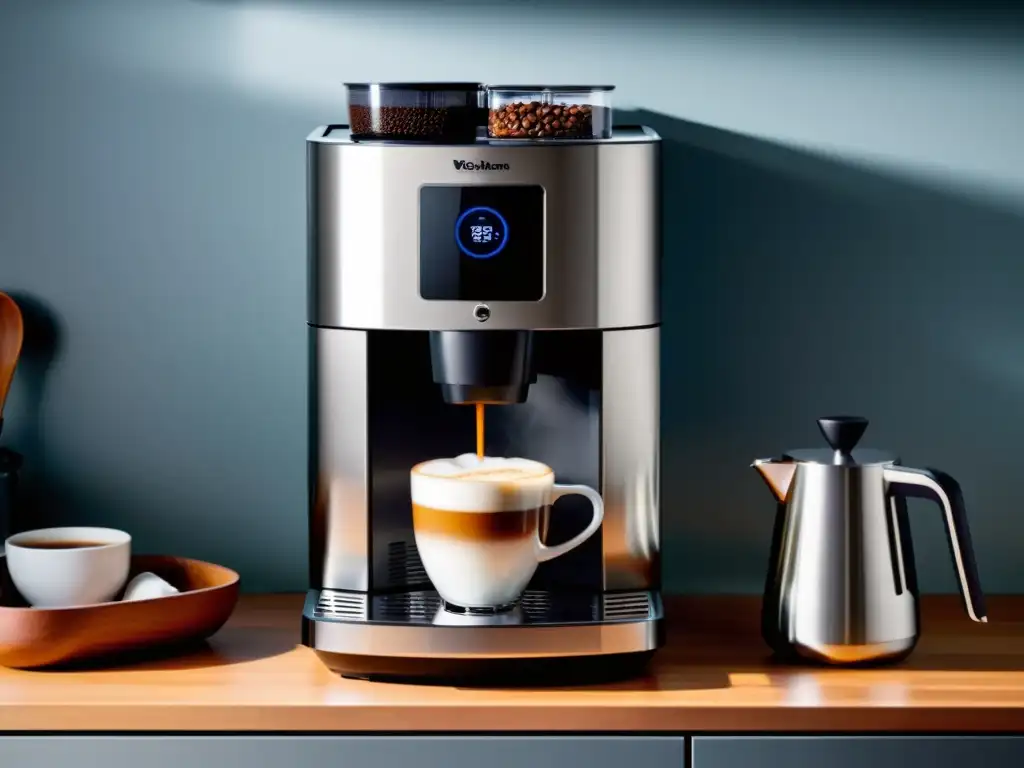 Una moderna cafetera inteligente para el hogar en una elegante cocina, con un diseño sofisticado y avanzada tecnología