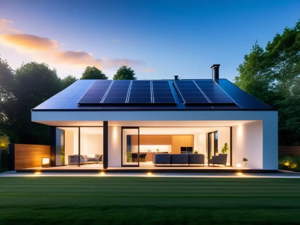 Moderna casa inteligente con paneles solares, electrodomésticos de bajo consumo y tecnología inteligente