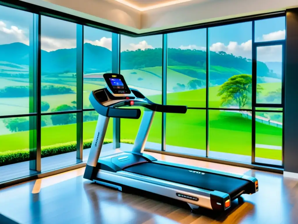 Moderna cinta de correr inteligente en gimnasio casero bien iluminado, rodeada de equipo fitness y ventana con vista a paisaje verde