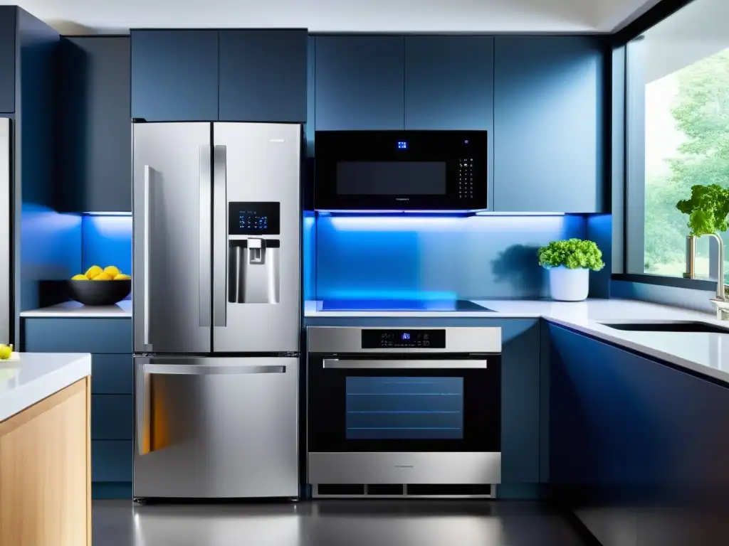 Moderna cocina energéticamente eficiente con electrodomésticos de acero inoxidable y vidrio, iluminados con LED azul