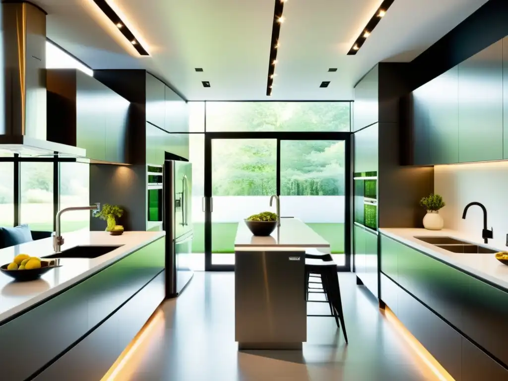 Moderna cocina con electrodomésticos de acero inoxidable energéticamente eficientes, diseño elegante y iluminación LED, creando un espacio de vida elegante y ecológico