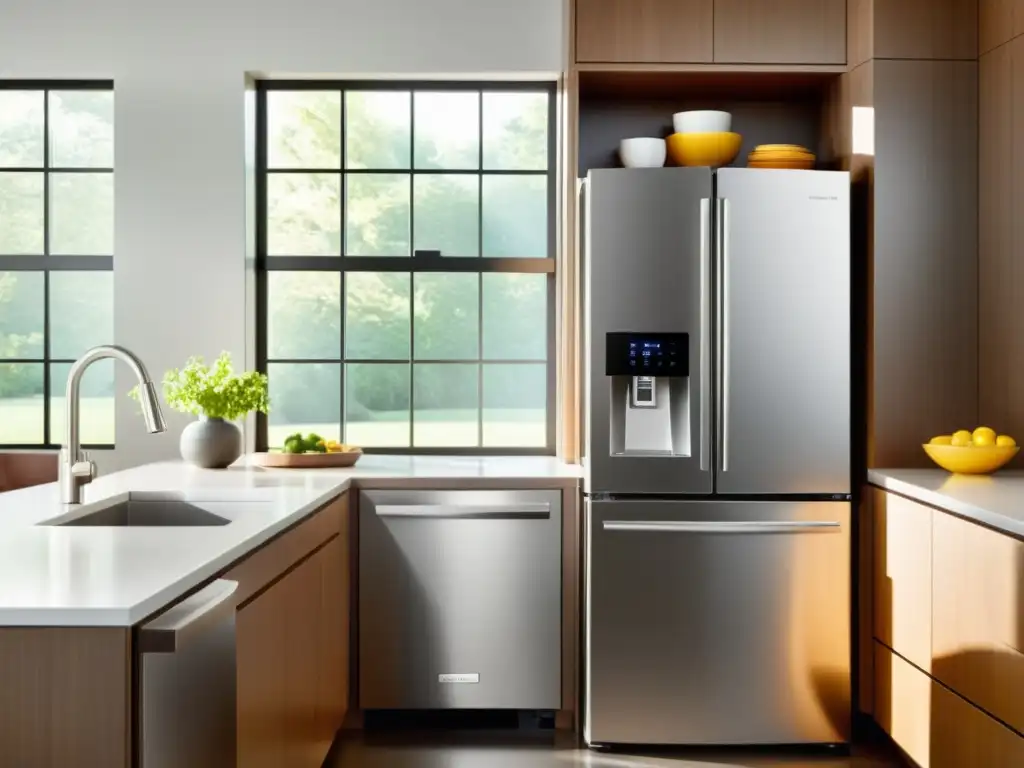 Cocina moderna con alerta de seguridad en la nevera inteligente Moderna cocina con electrodomésticos de acero inoxidable y un refrigerador inteligente que muestra una alerta de seguridad