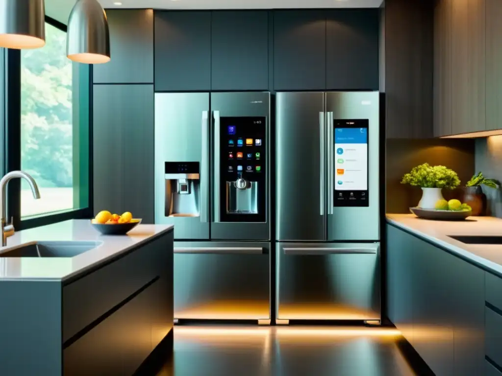 Cocina moderna con electrodomésticos inteligentes y diseño minimalista Moderna cocina con electrodomésticos de acero inoxidable, iluminada por luz natural