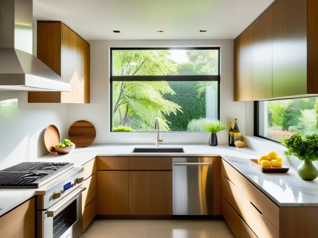 Moderna cocina con electrodomésticos de acero inoxidable y tecnología avanzada, bañada por la luz solar y vistas al jardín exuberante