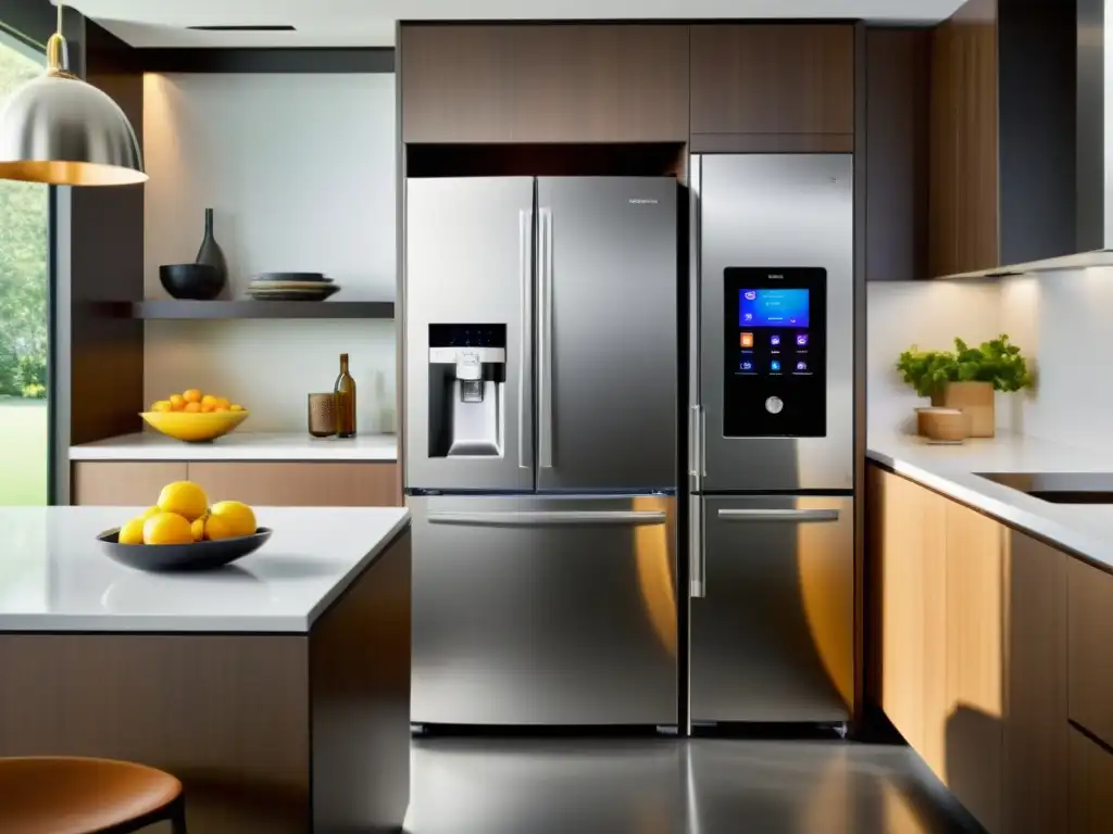 Moderna cocina con electrodomésticos de acero inoxidable y refrigerador futurista con pantalla táctil integrada