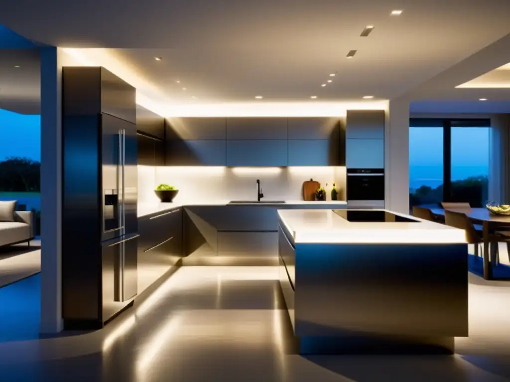 Moderna cocina con electrodomésticos de acero inoxidable y luces LED Moderna cocina con electrodomésticos de acero inoxidable y luces LED debajo de los gabinetes, creando un ambiente cálido y acogedor